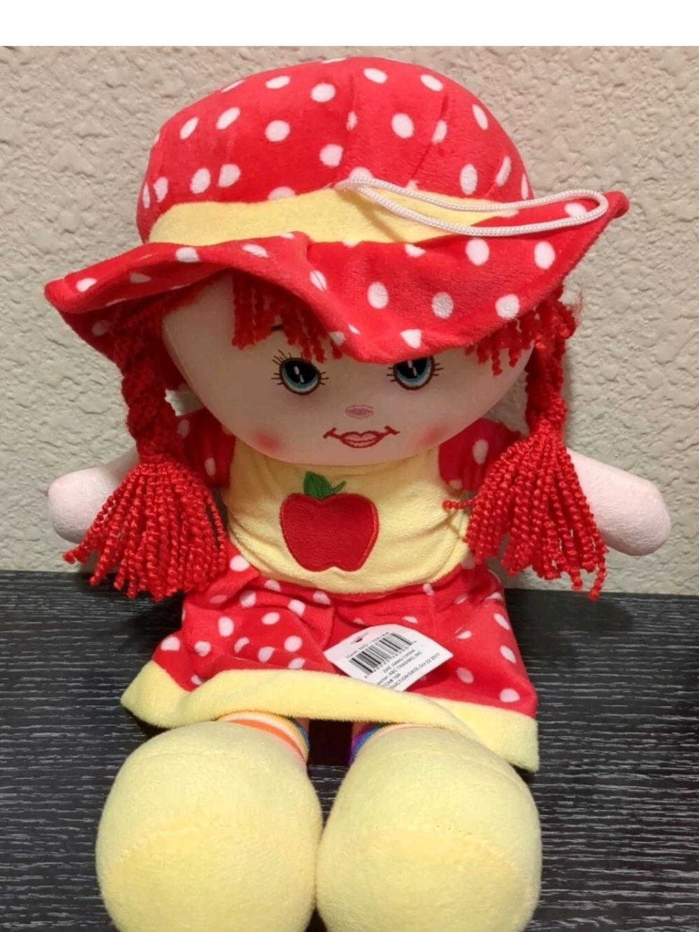 Red Polka Dot Apple Plush Doll with Yellow Accents